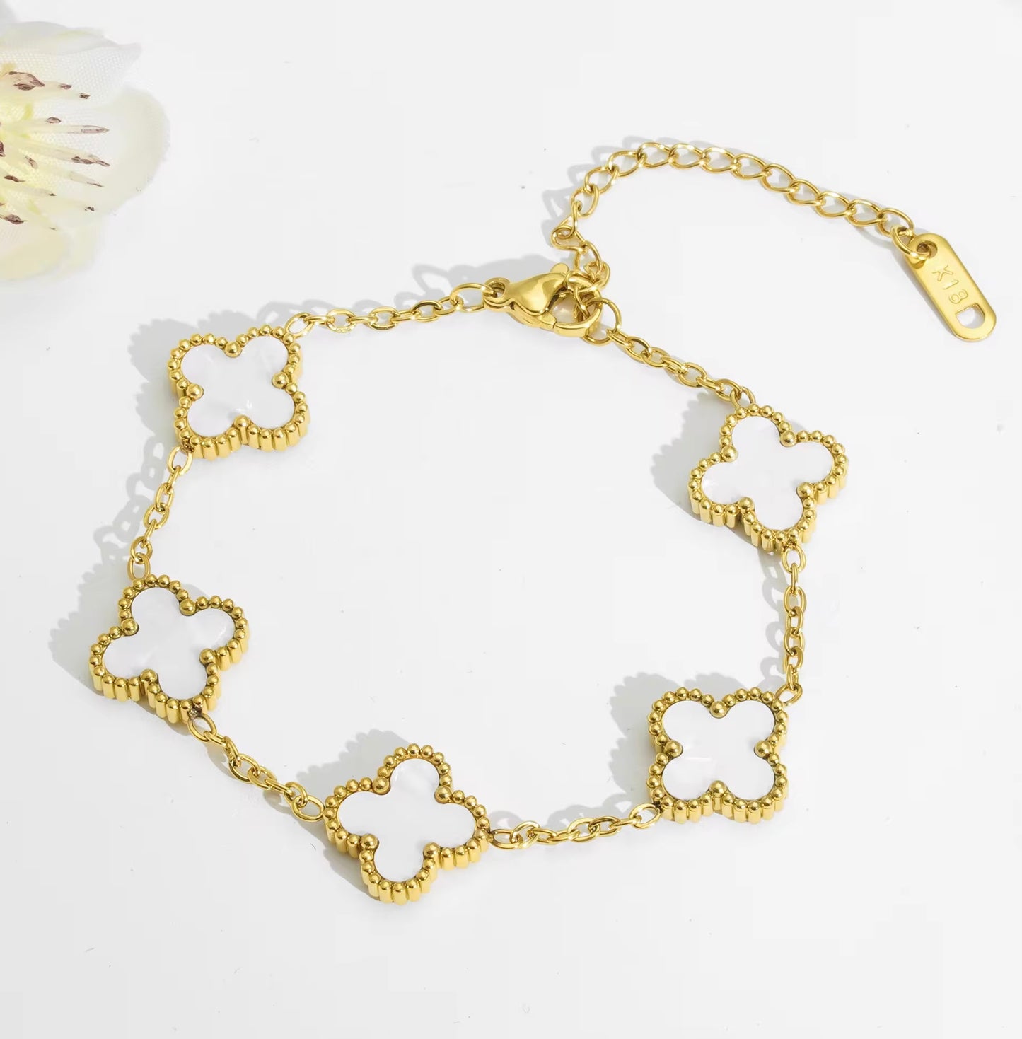 Witte Clover Armband | 18K Verguld Goud