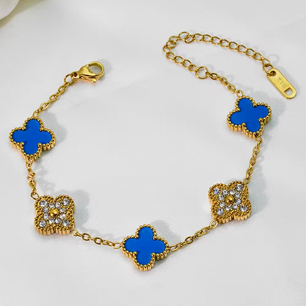 Blauw Clover Mix Diamond Armband | 18K Verguld Goud