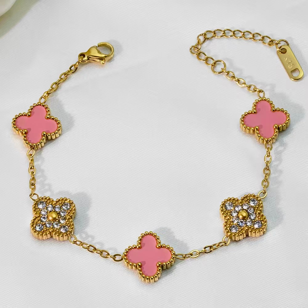 Roze Clover Mix Diamond Armband | 18K Verguld Goud